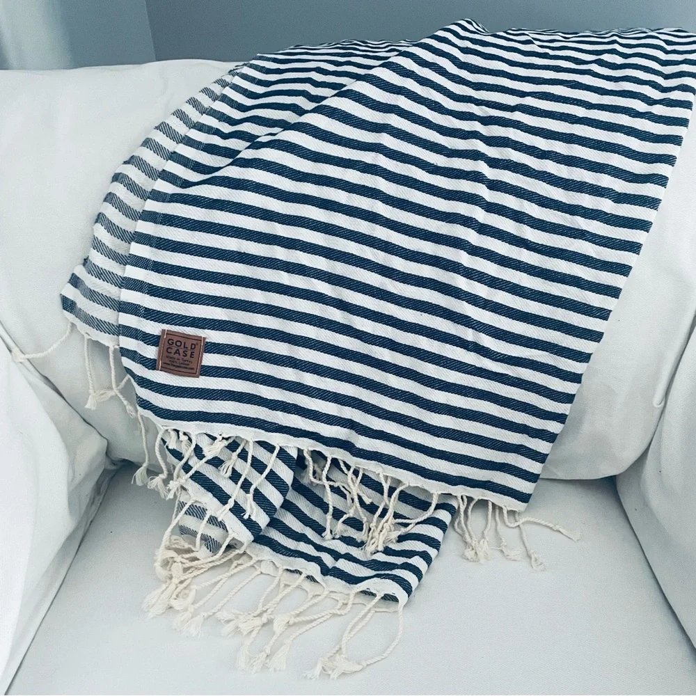 Gold Case Blue and White Stripe Turkish fringe Cotton Peshtamel Towel Wrap - Picture 5 of 16